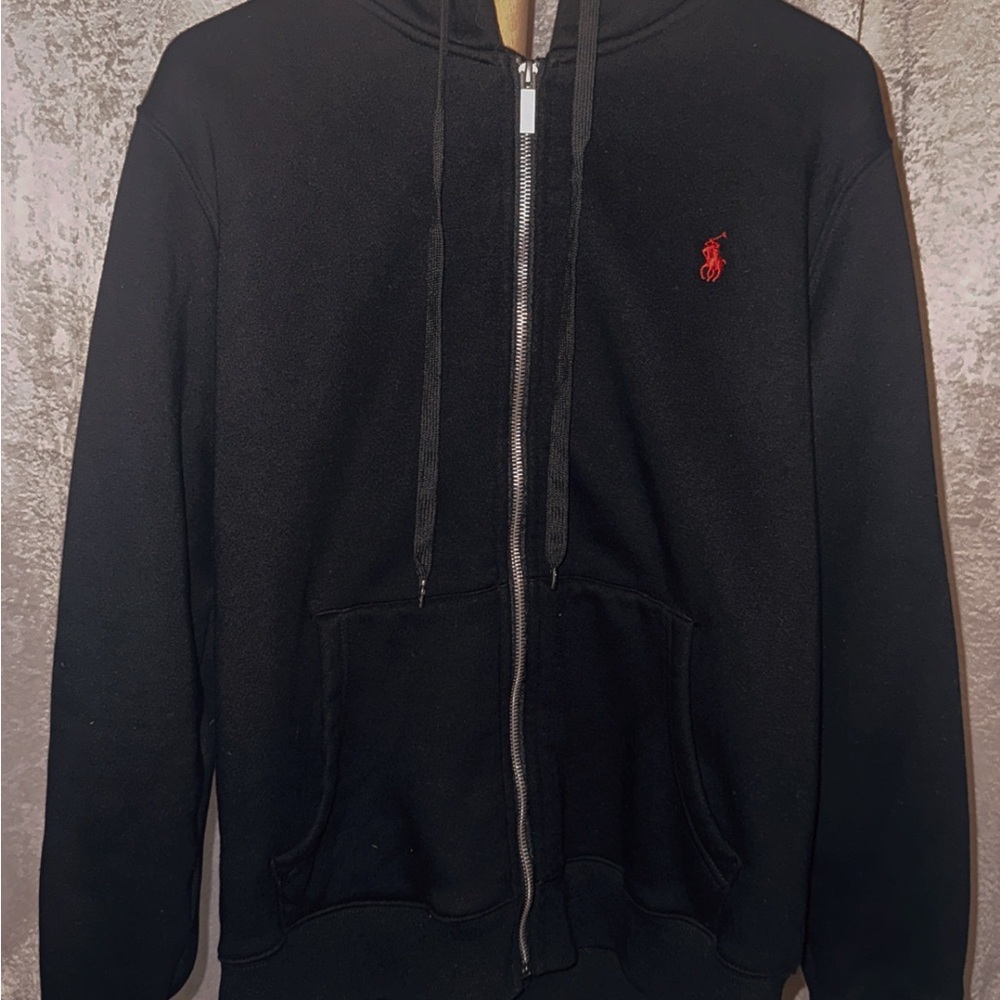 Ralph Lauren Men's Black Zip-Up Sweater with Red Logo